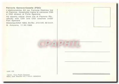 Trem elétrico A3 — Ferrovia Genova-Casella (FGC) — Nég. Gall. Mazzini 3/3 — Verso