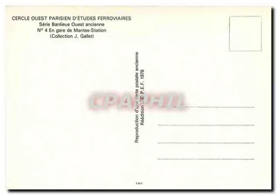 Estação de Mantes — vista com locomotiva e trens — Cercle Ouest Parisien d'Études Ferroviaires, série Banlieue Ouest, n°4 — Verso