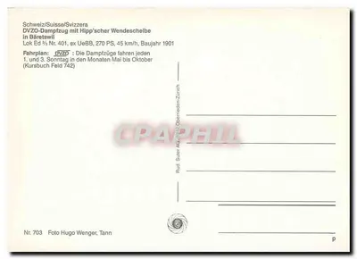 Trem a vapor na Suíça — DVZO-Dampfzug com chassi de tipo Hipp, em Bäretswil — Foto Hugo Wenger, n° 703 — Verso