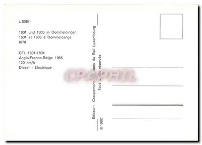 Trem CFL 1601 em Dommeldange — editor Grupo dos Amigos do Trem Luxemburgo, n° L-006/1 — Verso