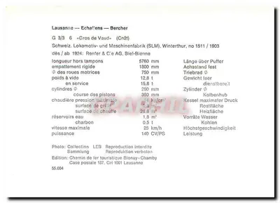 Locomotiva G 3/3 n°6 « Gros de Vaud » — Lausanne — Echallens — Bercher — Edição Ferrovia Turística Blonay-Chamby, n°55.004 — Verso