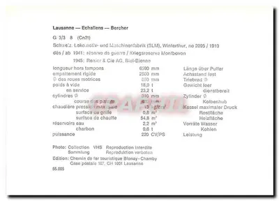 Locomotive G 3/3 8 — Lausanne — Echallens — Bercher — Wydawnictwo Chemin de fer touristique Blonay-Chamby, nr 55.005 — Rewers