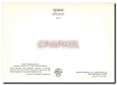 San Francisco — Carro de cabo no canto de Powell e Market — Smith Novelty Co. n° E-12 — Verso