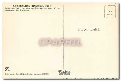 Cable Car wspinający się po wzniesieniu w San Francisco — Powell & Hyde Street — Smith Novelty Co. CP-26 — Rewers