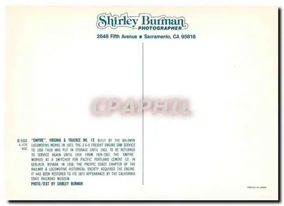 «Empire», lokomotywa Virginia & Truckee nr 13 — Muzeum Kolei Kalifornii — fotografia Shirley Burman — Rewers