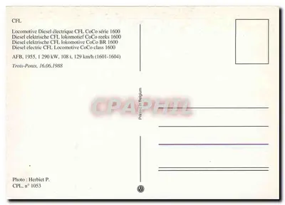 Trem a vapor — locomotiva CoCo 1600 — CPL n° 1053 — Verso
