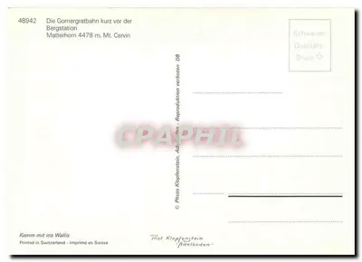 Gornergratbahn — pomarańczowy pociąg przed Matterhorn — wydawca Klopfenstein, nr 48942 — Rewers