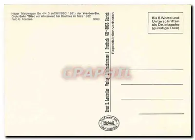 Croix Bahn — Novo trem elétrico Be 4/4 3 — editor Ernst B. Lattwiler, Zurique, n° 3009 — Verso