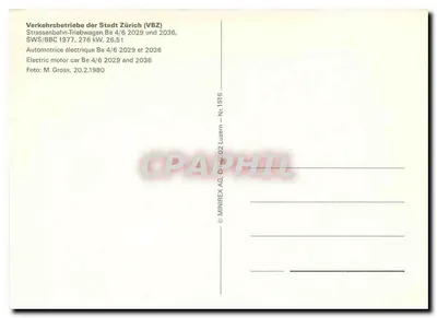 Tramway de Zurique — linha 11 para Rehalp — editor MINIREX AG, n° 1516 — Verso