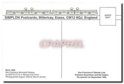 San Francisco F-Market Line — Muni 1056 em farda de Kansas City — SIMPLON Postcards, Billericay, Essex — Verso