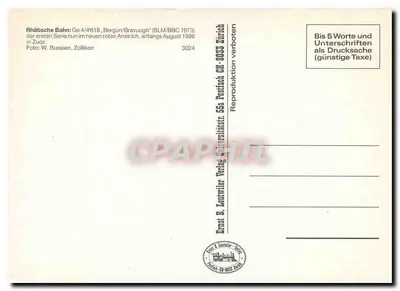 Lokomotiva Rhätische Bahn 618 — primeira série em vermelho, agosto de 1986 — Ernst B. Leutwiler Verlag, Zollikon — Verso