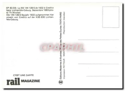 Trem elétrico BB 144 128-5 — linha Lichtenfels-Coburg — Éditions rail MAGAZINE — Verso