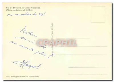 Col-de-Bretaye sobre Villars-Chesières — (Alpes vaudoises, alt. 1800 m) — Photoglob-Wehrli SA, Zurich/Vevey, n° 9407 — Verso