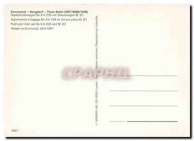 Emmental – Burgdorf – Thun-Bahn (EBT/SMB/VHB) — Gepäcktriebwagen De 4/4 235 mit Steuerwagen Bt 311 — MINIREX AG, CH-6002 Luzern — Verso