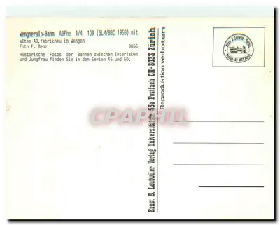 Wengernalp-Bahn — Trem 109 (SLM/BBC 1958) — Verlag B. Lentwiler Zürich — Verso