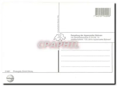Pociąg parowy Appenzeller Bahnen — Jubileuszowa jazda "125 lat Appenzeller Bahnen" — Photoglob Zürich/Vevay Nr. 21681 — Rewers