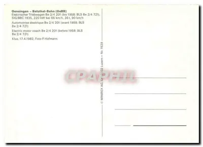 Oensingen – Balsthal-Bahn (OeBB) — Automotriz Be 2/4 201 — editor MINIREX AG, n° 1529 — Verso