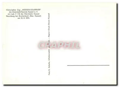 Trem histórico HESSEN-COURRIER — Kleinbahn Kassel — Locomotiva V 116 em Breitenbach (Bez. Kassel) — 10.8.1974 — Verso