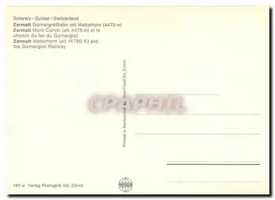 Zermatt - Gornergratbahn com o Matterhorn — Verlag Photoglob AG, Zürich, n° 1411 — Verso
