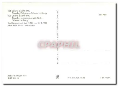 100 lat kolejnictwa Zwickau-Schwarzenberg — Jubileuszowy pociąg z lokomotywą 98 7051 — Foto G. Mayer, Aue — Rewers