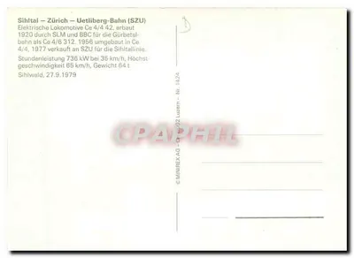 Sihltal — Zurique — Uetliberg-Bahn (SZU) — Locomotiva Ce 4/4 42 — editor MINIREX AG, n° 14.24 — Verso