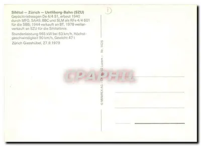 Sihltal – Zürich – Uetliberg-Bahn (SZU) — Gepäcktriebwagen De 4/4 51 — MINIREX AG – Nr. 1425 — Verso