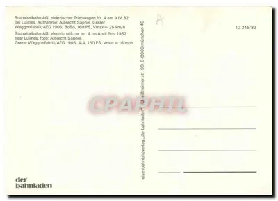 Trem elétrico Stubaitalbahn — Stubaitalbahn AG, vagão n°4 — editor der bahnladen, n° 10 345/82 — Verso