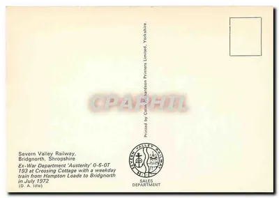 Pociąg parowy n° 193 — Severn Valley Railway — wydrukowany przez Colin Richardson Printers Limited — Rewers