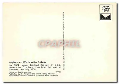 Keighley and Worth Valley Railway — Número 3924, antigo 4F 0-6-0, retoma seu trem de Oxenhope a partir da curva em Damems — Publicado pela Society de preservação, Haworth, West Yorkshire — Verso