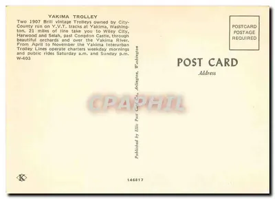 Yakima Trolley — Yakima, Washington — Publicado pela Ellis Post Card Co. — Verso