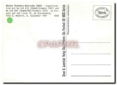 Tramway em Zürich — dupla tração Be 4/6 610 e Be 4/6 644 — editor Ernst B. Leutwiler, n° 3808 — Verso