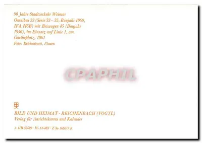 Omnibus 33 (Serie 33-35) i Beiwagen 45 — Weimar — wydawca BILD UND HEIMAT · REICHENBACH (VOGTL) — Rewers