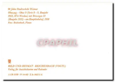 Obuszug Weimar — Obus 9 (Série 8-9, 1953) avec Beiwagen 44 (1955) — Hauptbahnhof, 1958 — Verlag für Ansichtskarten und Kalender — Rewers