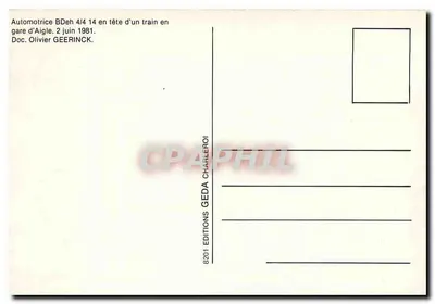 Automotrice BDeh 4/4 14 — głowa pociągu na stacji Aigle — Wydawnictwo GEDA — Rewers