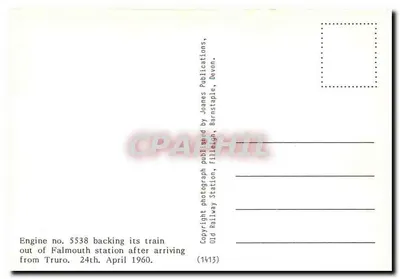 Estação de Falmouth — trem com locomotiva 5538 — editor Joanes Publications, Barnstaple, Devon — Verso