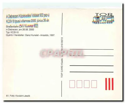 Tramwaj KCSV 6 — Debrecen, 2000 — TOP CARD Kiadó, n°61 — Rewers