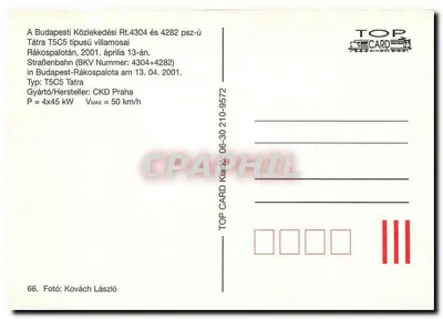 Tramway T5C5 à Budapest — Rákospalota, 13 avril 2001 — TOP CARD Kiadó — Verso