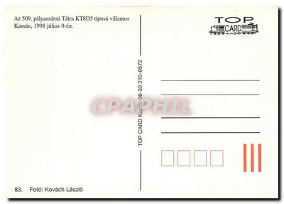 Tramway KT8D5 em Kassán — 509º tramway, 9 de julho de 1998 — TOP CARD Kiadó, n° 210-9572 — Verso