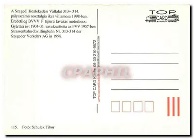 Tramway de Szeged — Trams 313 e 314 — TOP CARD — Verso