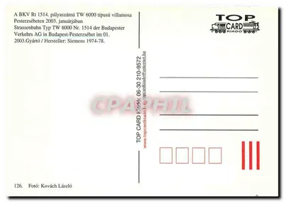 Tramway RT 1514 — Budapeste, janeiro de 2003 — TOP CARD KIADÓ n°126 — Verso