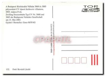 Tramway n°3868 em Budapeste — Budapesti Közlekedési Vállalat — TOP CARD — Verso
