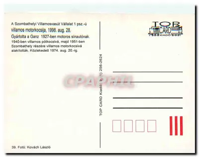 Tramway de Szombathely — Tramway 1 — editor TOP CARD KIADÓ, n° 256-2624 — Verso