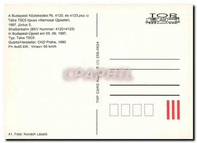 Tramwaj Tatra T5C5 w Budapeszcie — Budapeszt, 5 czerwca 1997 — TOP CARD KIADÓ — Rewers