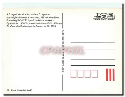 Tramwaj Szeged — Tramwaj nr 313 — wydawca TOP CARD KIADÓ, nr 57 — Rewers