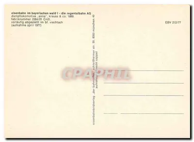 Locomotiva a vapor "Anna" — Regentalbahn AG, Vichetach — Eisenbahnbildverlag, EBV 212/77 — Verso