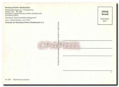 Nürnberg-Fürther Straßenbahn — Pferdebahnwagen Nr. 11 — Verlag Fritz Frila, 2671 — Rewers