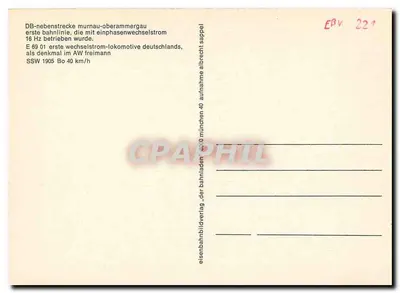 Elektryczna lokomotywa E 69 01 — pierwsza lokomotywa prądu przemiennego w Niemczech — wydawca Eisenbahnbildverlag — Rewers
