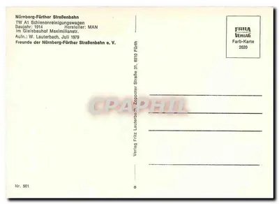 Tramway de Nürnberg-Fürth — Veículo de limpeza das trilhas A1 — editor FRILA Verlag, n° 2620 — Verso