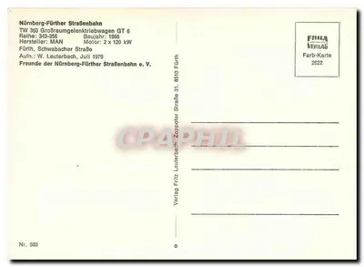 Tramwaj Grundig 350 — Fürth, Niemcy — karta kolorowa n° 503, wydawca Farb-LA Verlag — Rewers