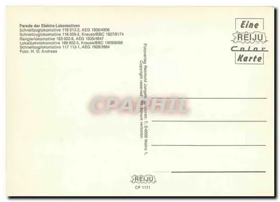 Parada lokomotyw elektrycznych — REI JU Color Karte CP 1111 — wydawca REI JU — Rewers